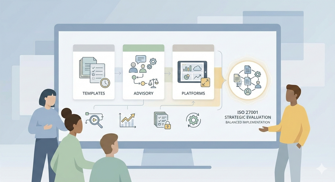 Minimalist illustration showing an SME team evaluating different ISO 27001 implementation options using structured documentation and decision workflows