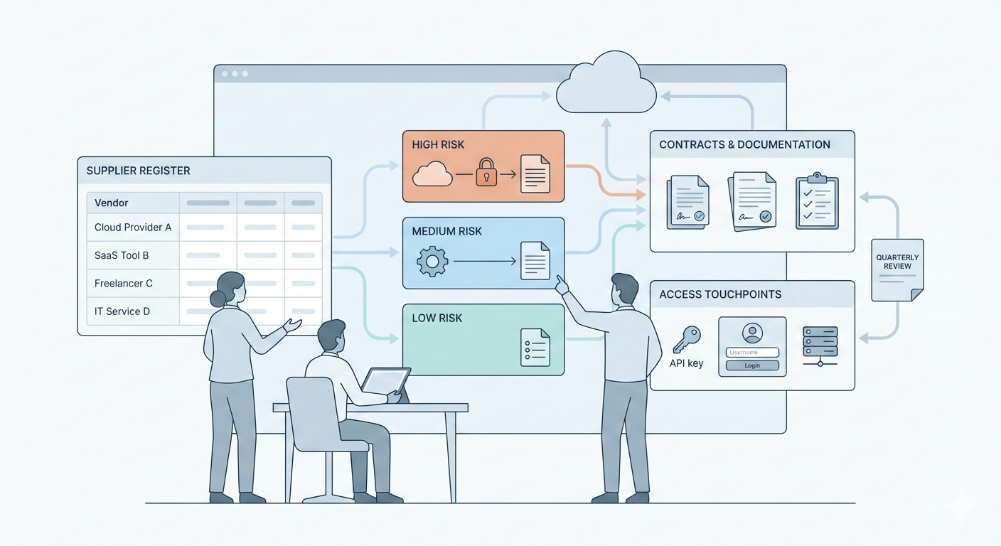 Illustration showing SME teams reviewing suppliers, third-party services, and information security considerations in an ISO 27001 context.