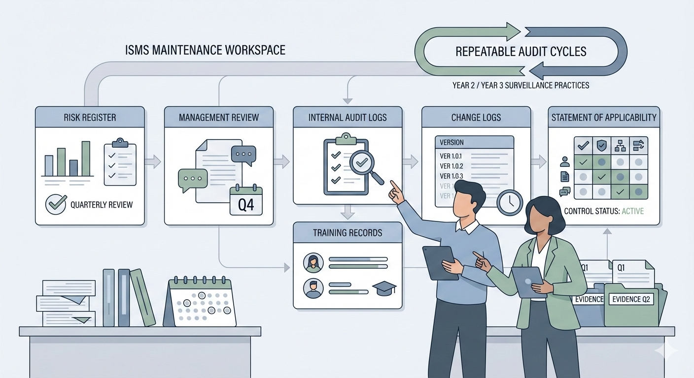 Illustration of ISO 27001 surveillance audit processes showing quarterly ISMS reviews, risk registers, internal audits, change logs, and management oversight for Year 2 and Year 3.