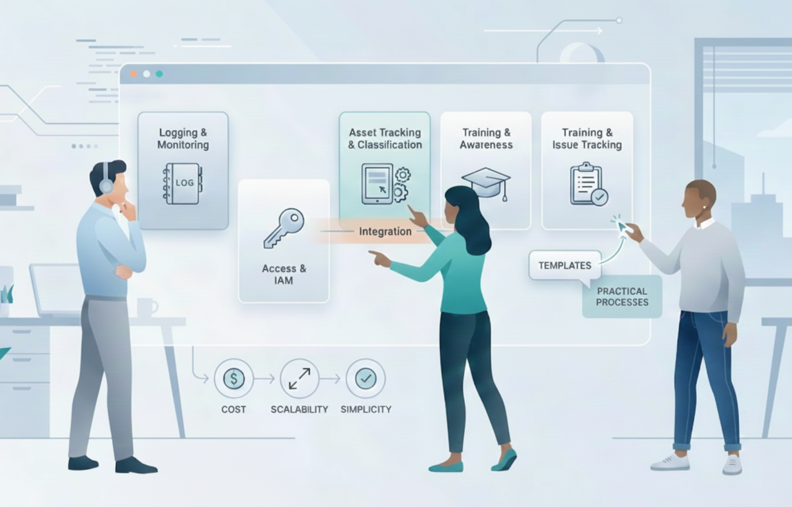 Vector illustration showing a startup team evaluating ISO 27001 tools for SMEs, covering Logging, Access, Asset Tracking, Training, and Ticketing. Highlights cost, scalability, and simplicity for a lean compliance approach.