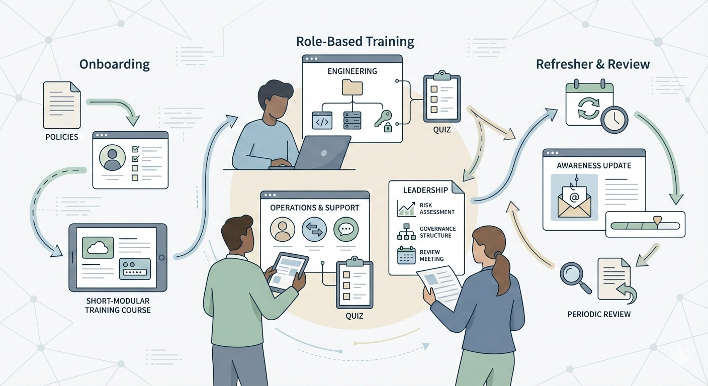 Illustration of a small team engaging with ISO 27001 training and information security awareness activities in a structured digital workspace.