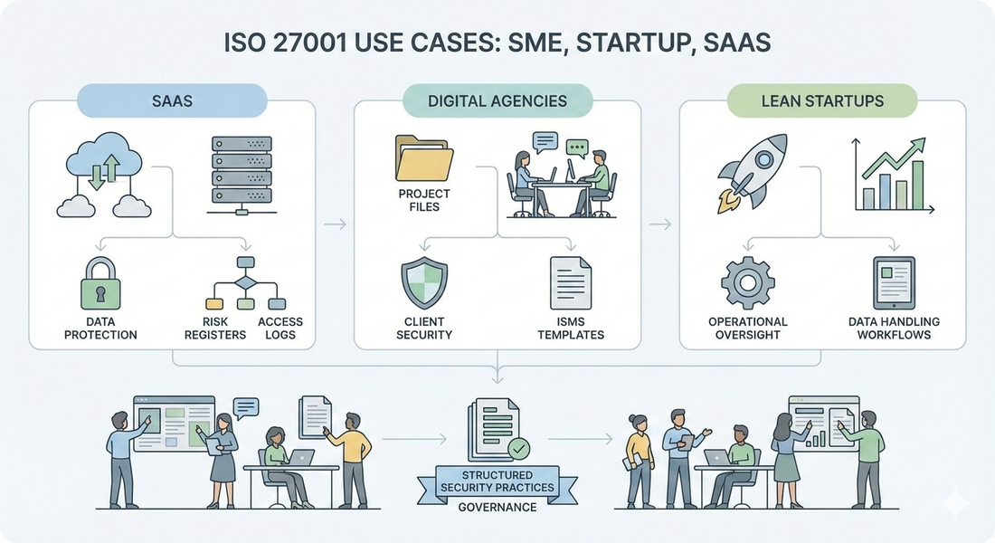 Illustration of SMEs, startups, and SaaS using ISO 27001 practices, showing risk registers, cloud data handling, and ISMS workflows.