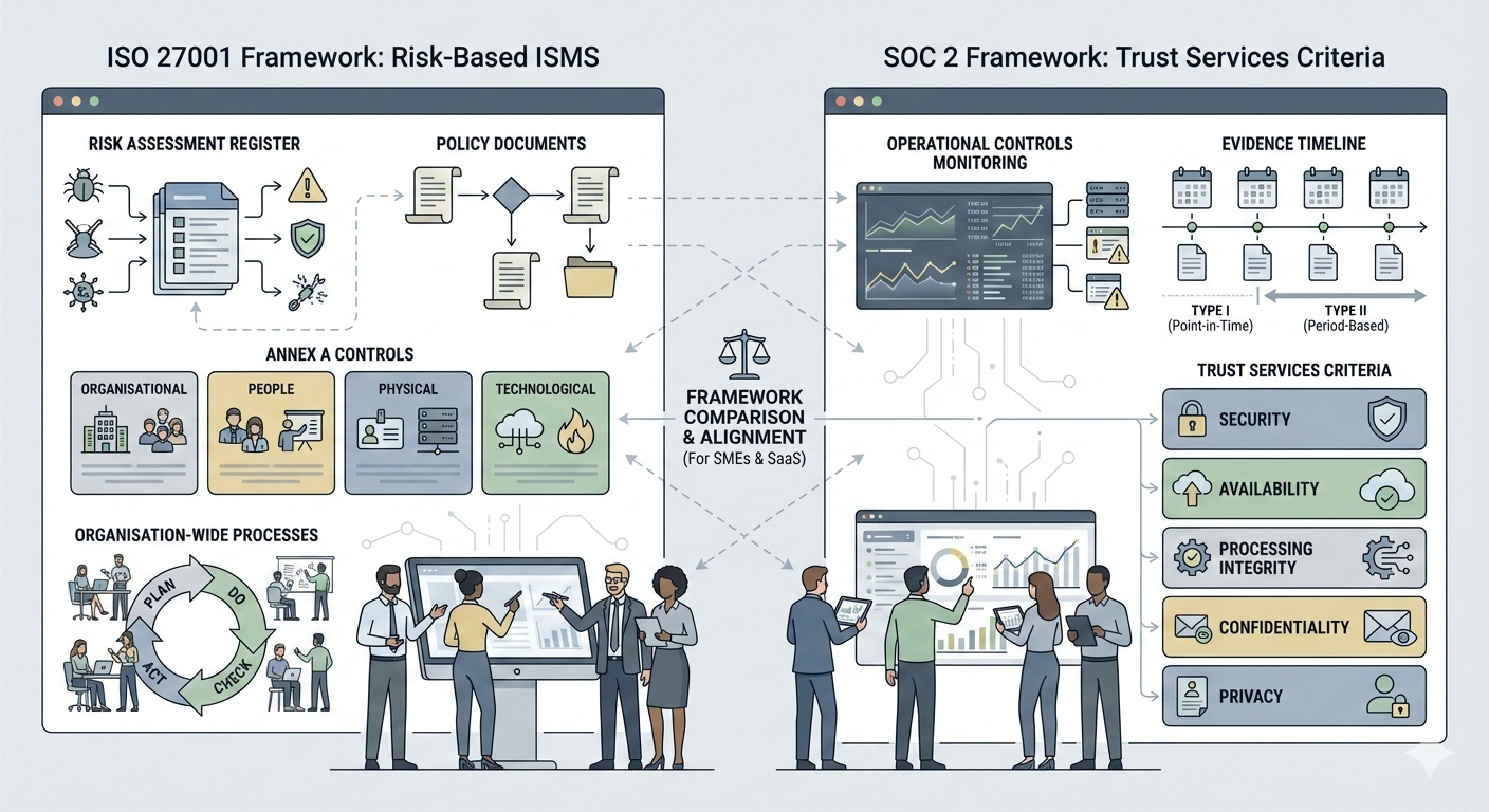 Illustration comparing ISO 27001 and SOC 2 frameworks for SMEs and startups, showing structured security processes and operational controls.