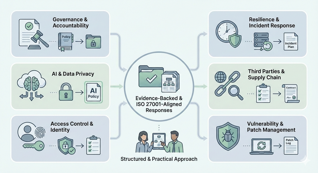 Startups responding to enterprise security RFIs, showing governance, AI data privacy, access control, incident response, supply chain, and vulnerability management with ISO 27001-aligned practices.