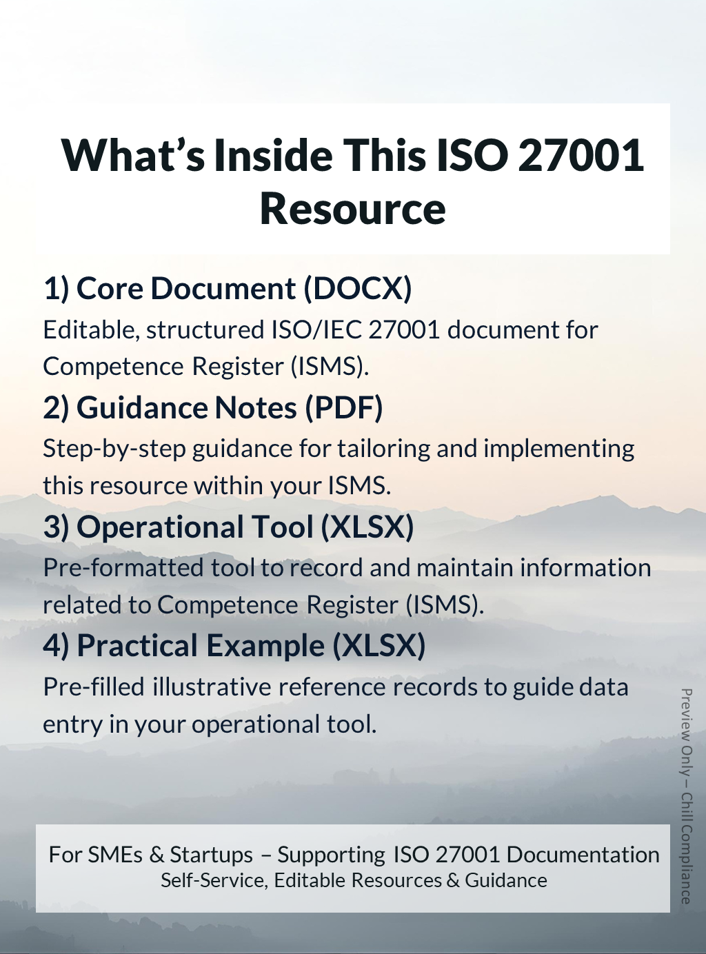 ISO 27001:2022 Competence Register (ISMS) resource contents showing editable template, guidance notes, and operational tool