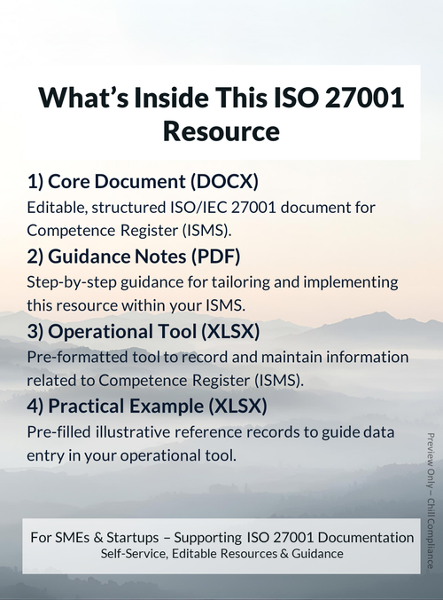 ISO 27001:2022 Competence Register (ISMS) resource contents showing editable template, guidance notes, and operational tool