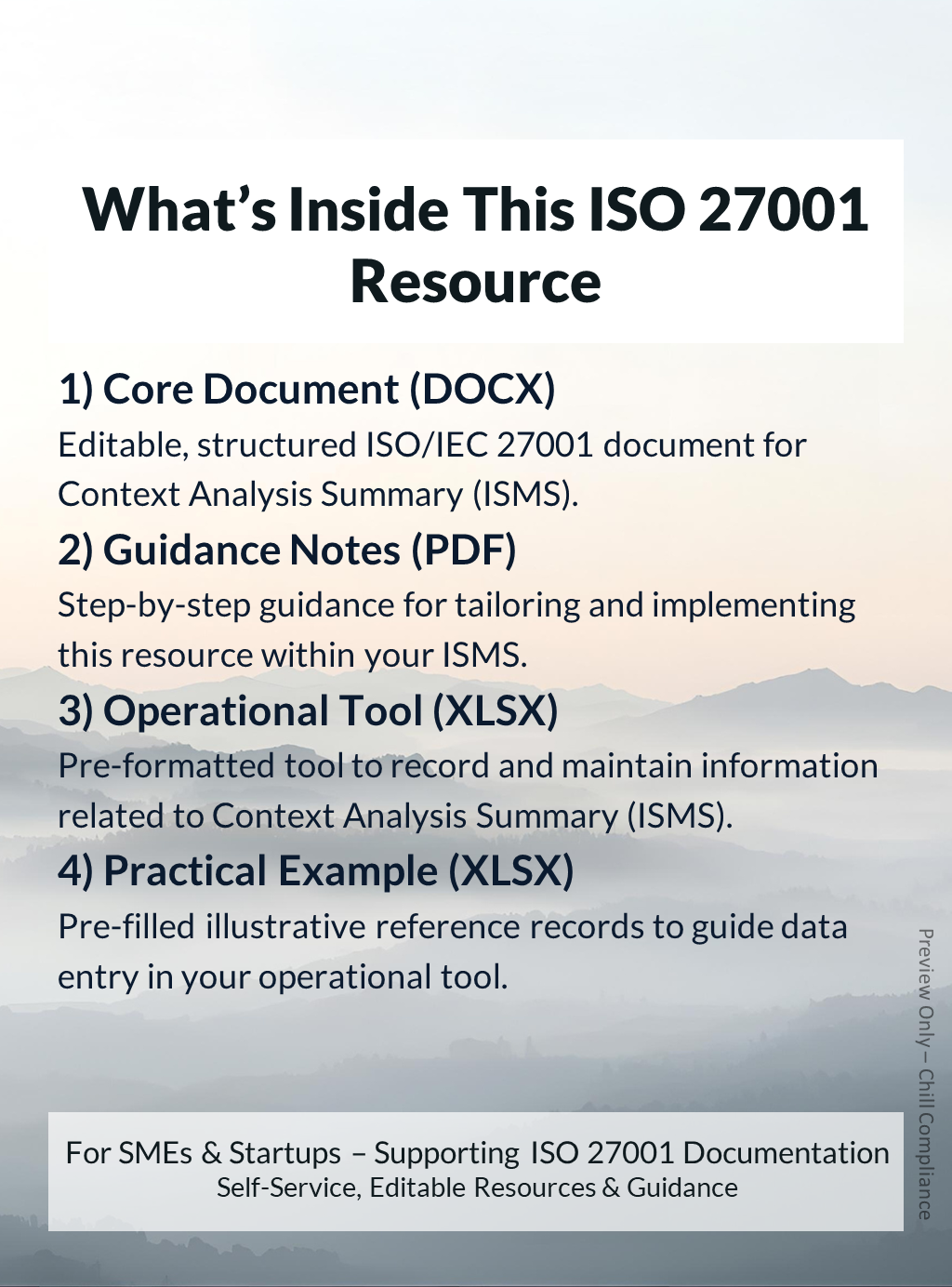 ISO 27001:2022 Context Analysis Summary (ISMS) resource contents showing editable template, guidance notes, and operational tool