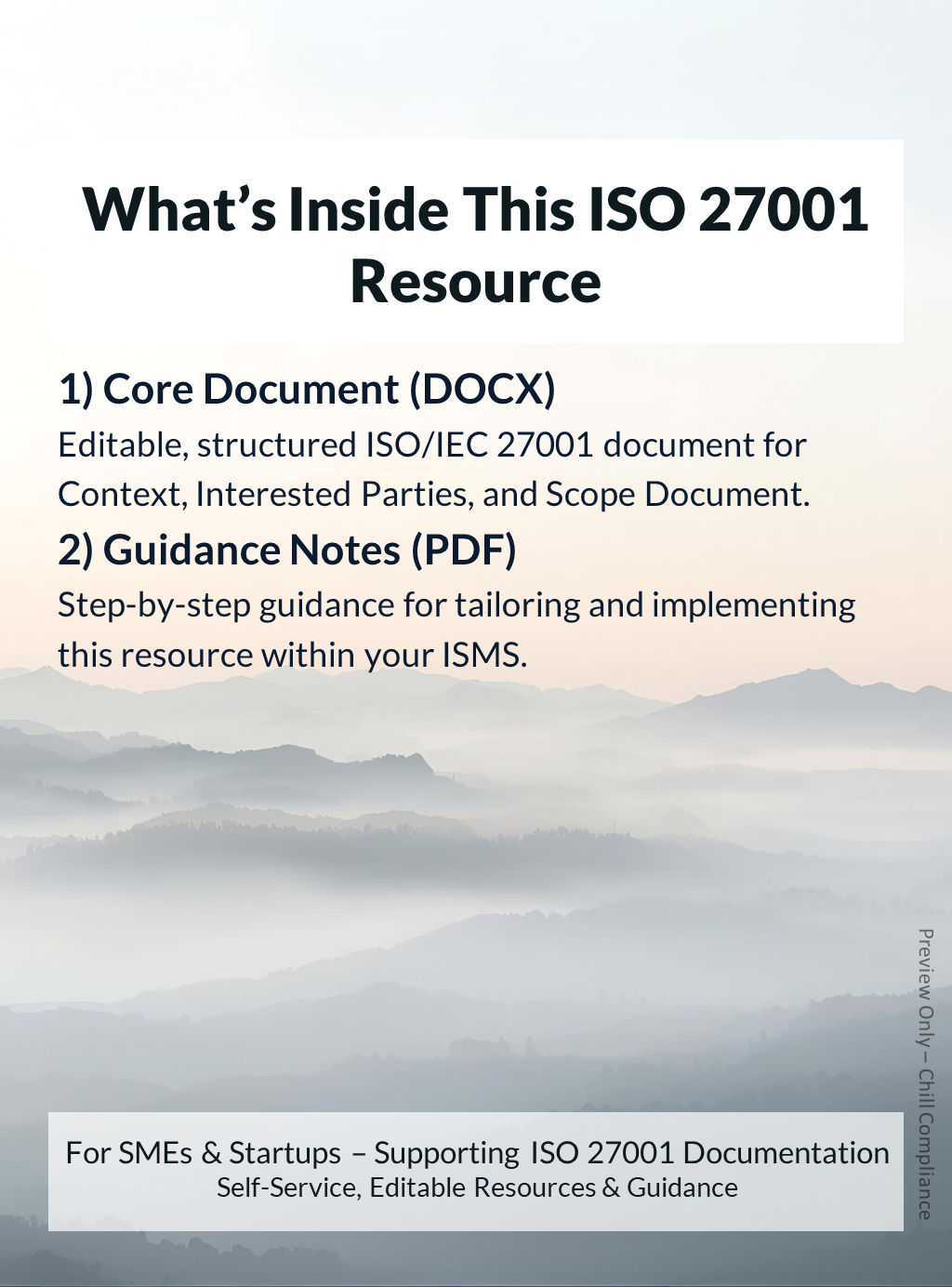 ISO 27001:2022 Context, Interested Parties, and Scope Document resource contents showing editable templates and guidance notes