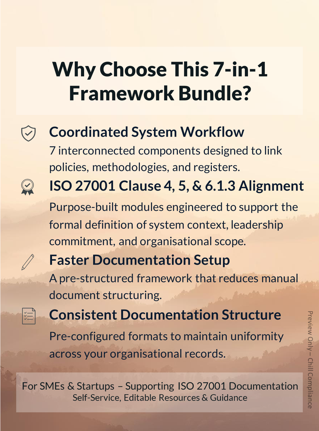 Benefits: ISO 27001 ISMS Establishment coordinated workflow, Clause 4, 5, 6.1.3 alignment & faster SME setup by Chill Compliance.