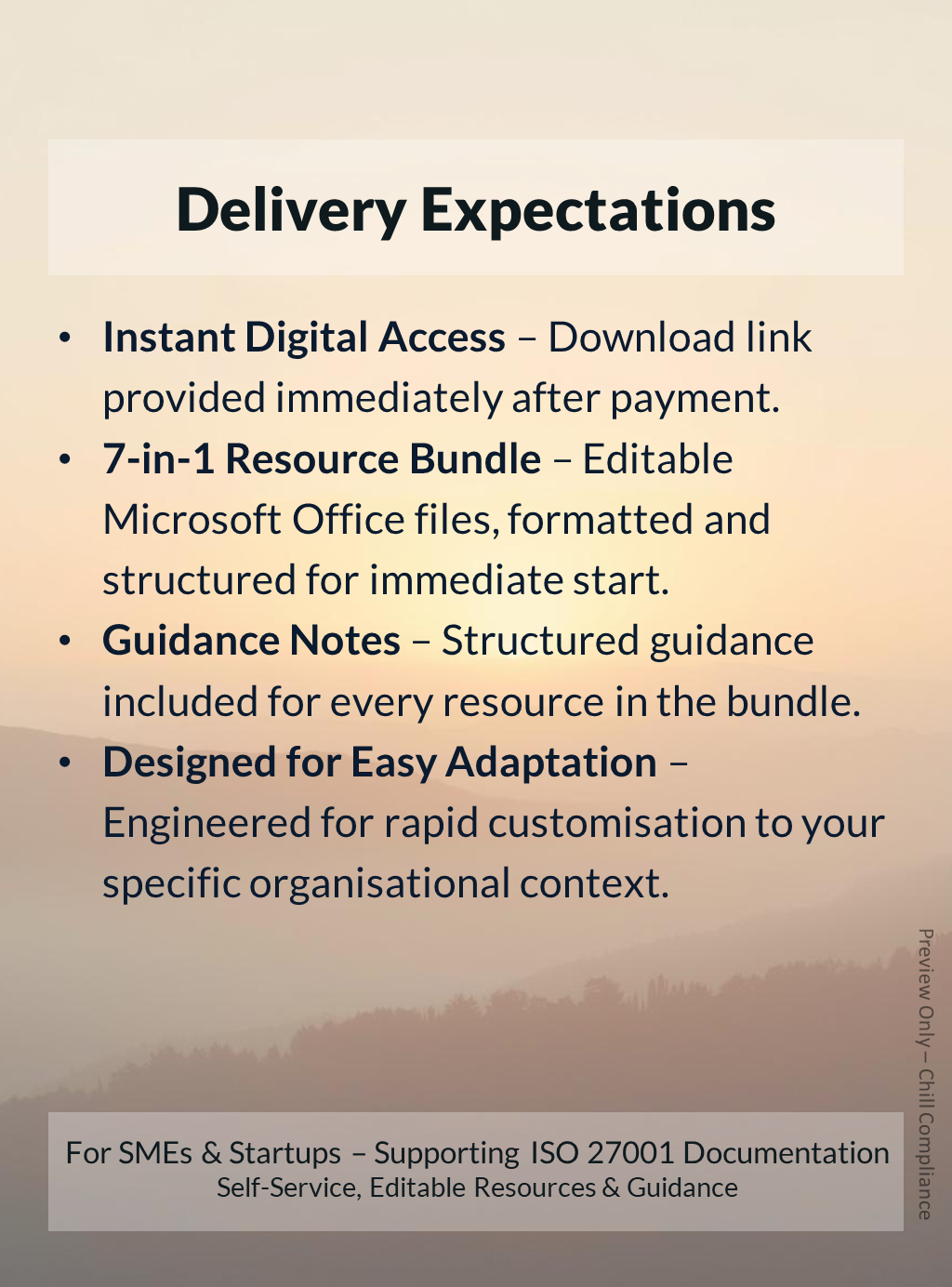 Delivery: Instant access to 7-in-1 editable Office files & guidance notes for SME ISMS Establishment customisation.