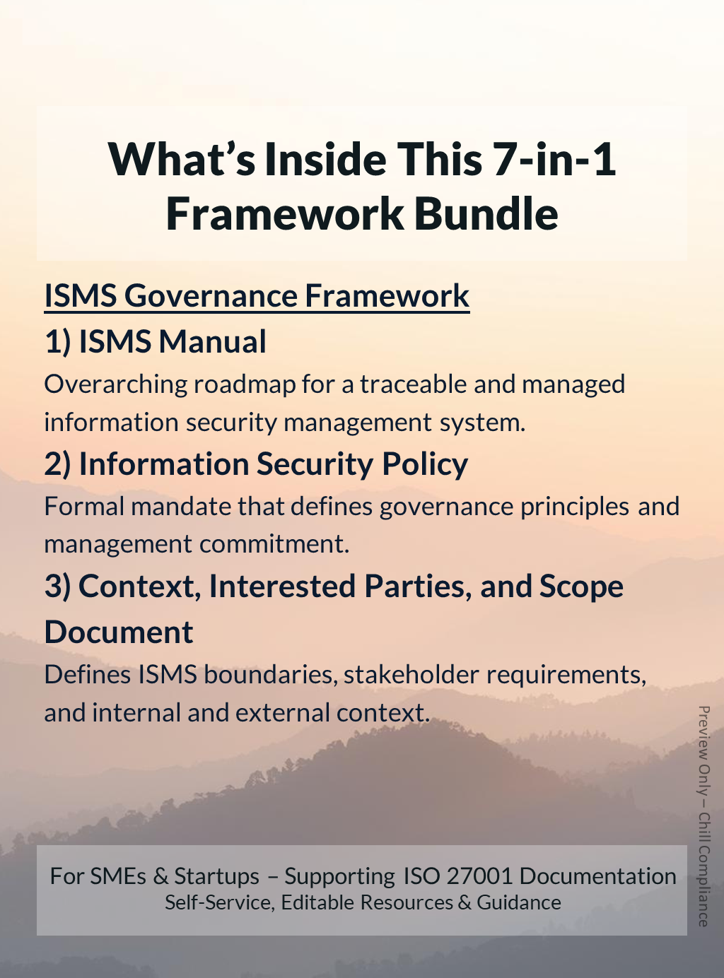 Preview of ISO 27001 ISMS Establishment governance framework: ISMS Manual, Information Security Policy, Context, Interested Parties, and Scope Document. SME self-implementation by Chill Compliance.