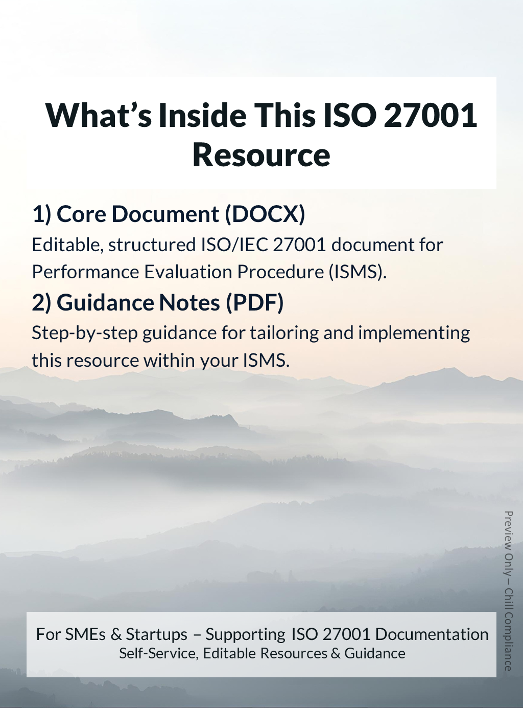 ISO 27001:2022 Performance Evaluation Procedure (ISMS) resource contents showing editable templates and guidance notes