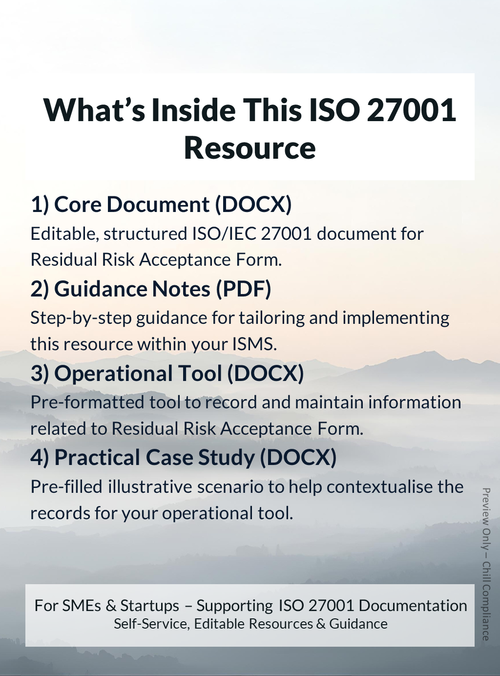 ISO 27001:2022 Residual Risk Acceptance Form resource contents showing editable template, guidance notes, and operational tool