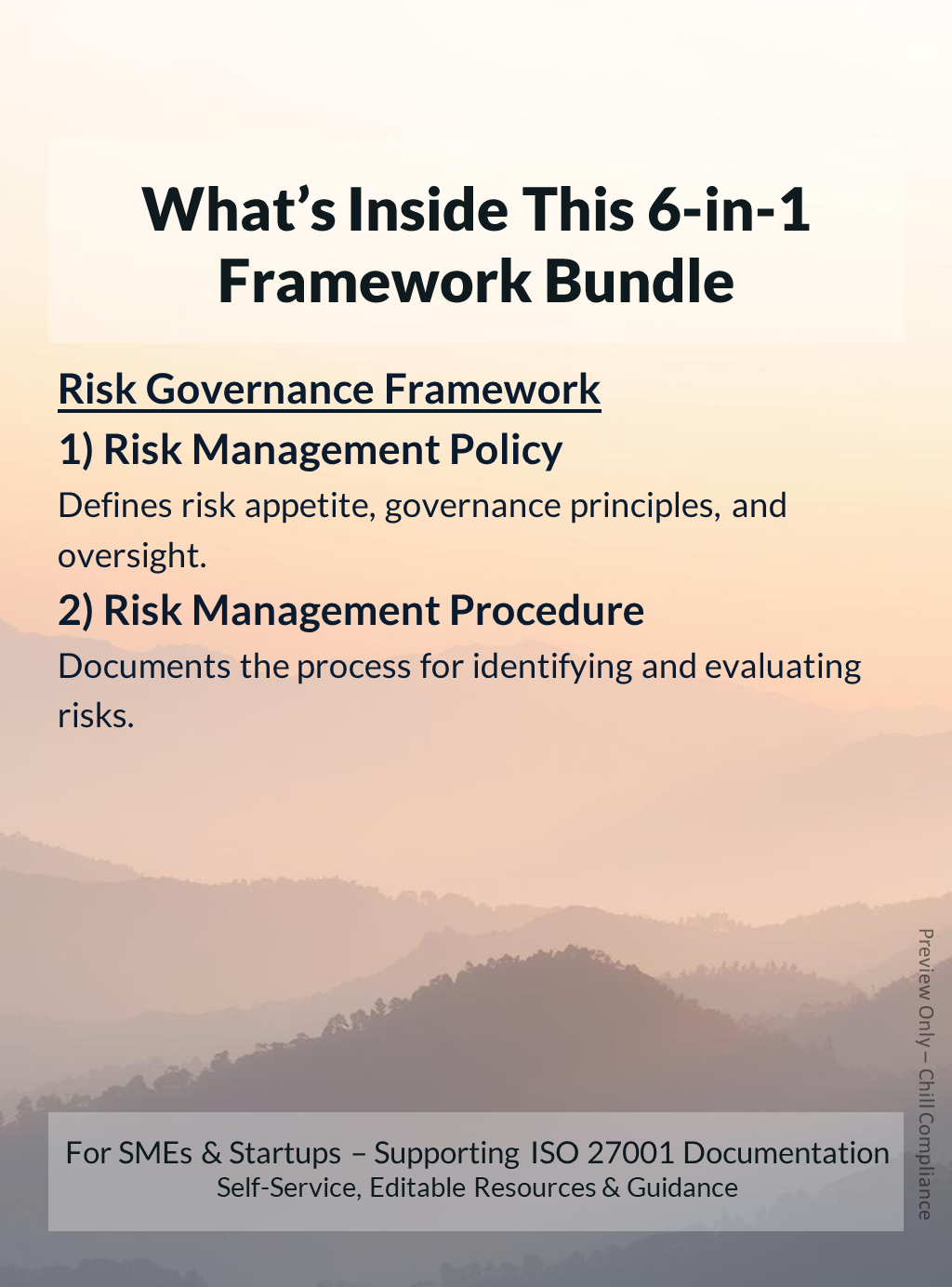 Preview of ISO 27001 Risk Management governance framework: Risk Management Policy, Risk Management Procedure. SME self-implementation by Chill Compliance.
