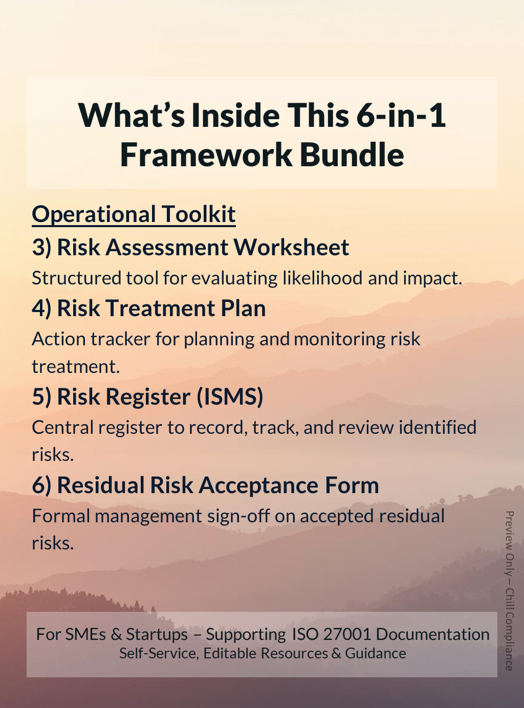 Preview of ISO 27001 Risk Management operational set: Risk Assessment Worksheet, Risk Treatment Plan, Risk Register (ISMS), Residual Risk Acceptance Form. SME editable resources by Chill Compliance.