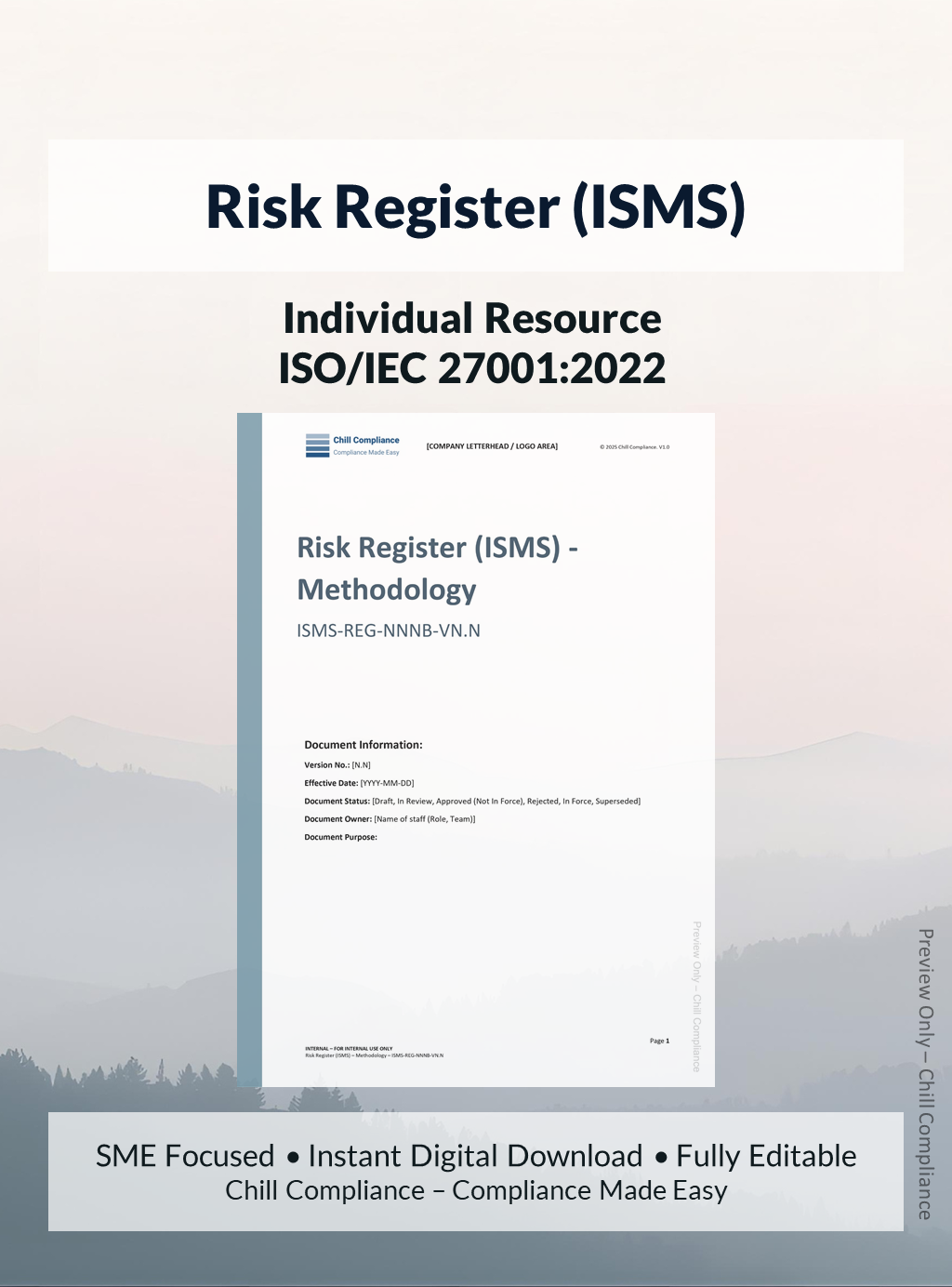 ISO 27001:2022 Risk Register (ISMS) editable resource and template for SMEs and startups