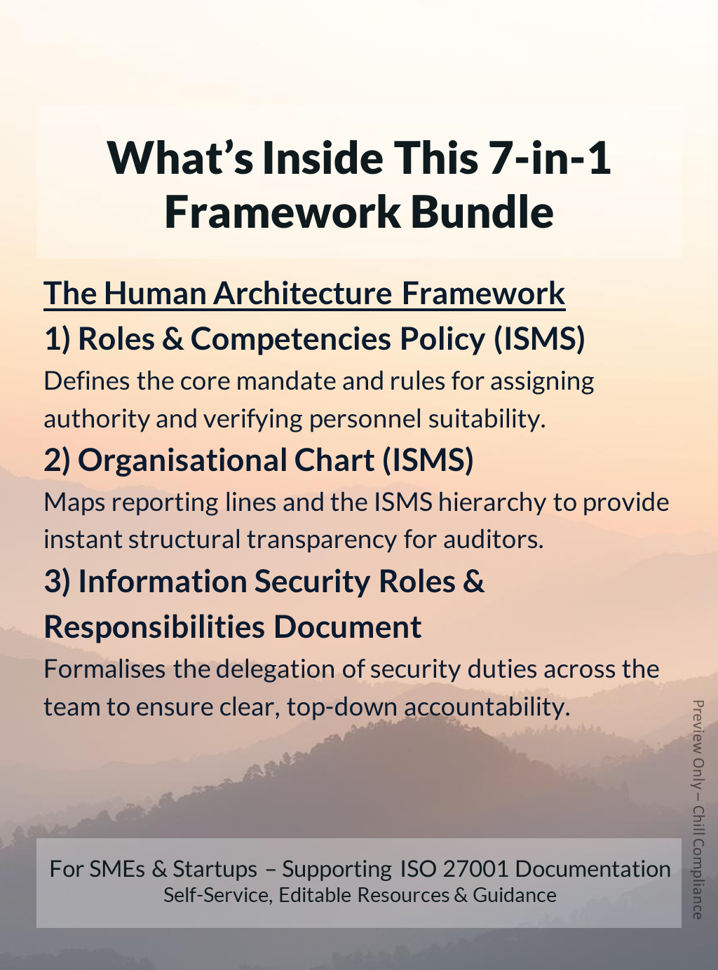 Preview of ISO 27001 Roles and Competencies human architecture framework: Roles & Competencies Policy (ISMS), Organisational Chart (ISMS), Information Security Roles & Responsibilities Document. SME self-implementation by Chill Compliance.