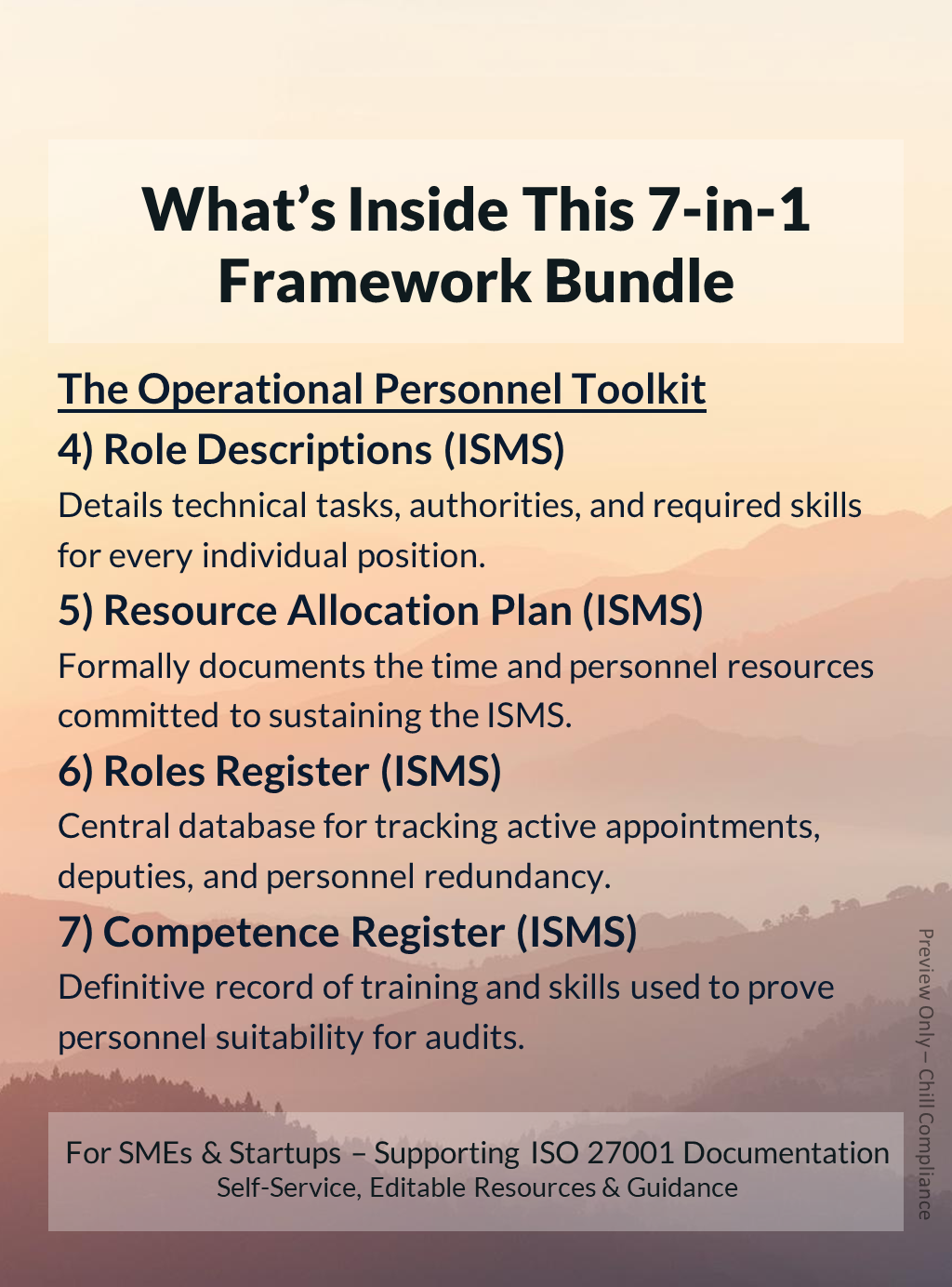 Preview of ISO 27001 Roles and Competencies operational personnel toolkit: Role Descriptions (ISMS), Resource Allocation Plan (ISMS), Roles Register (ISMS), Competence Register (ISMS). SME editable resources by Chill Compliance.