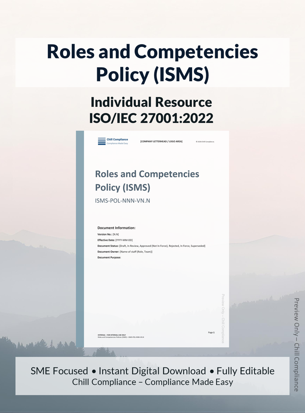 ISO 27001:2022 Roles and Competencies Policy (ISMS) editable resource and template for SMEs and startups