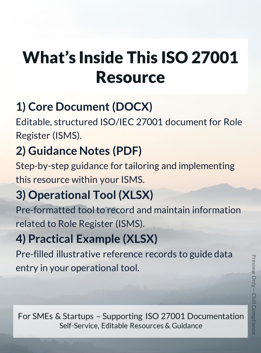 ISO 27001:2022 Roles Register (ISMS) resource contents showing editable template, guidance notes, and operational tool