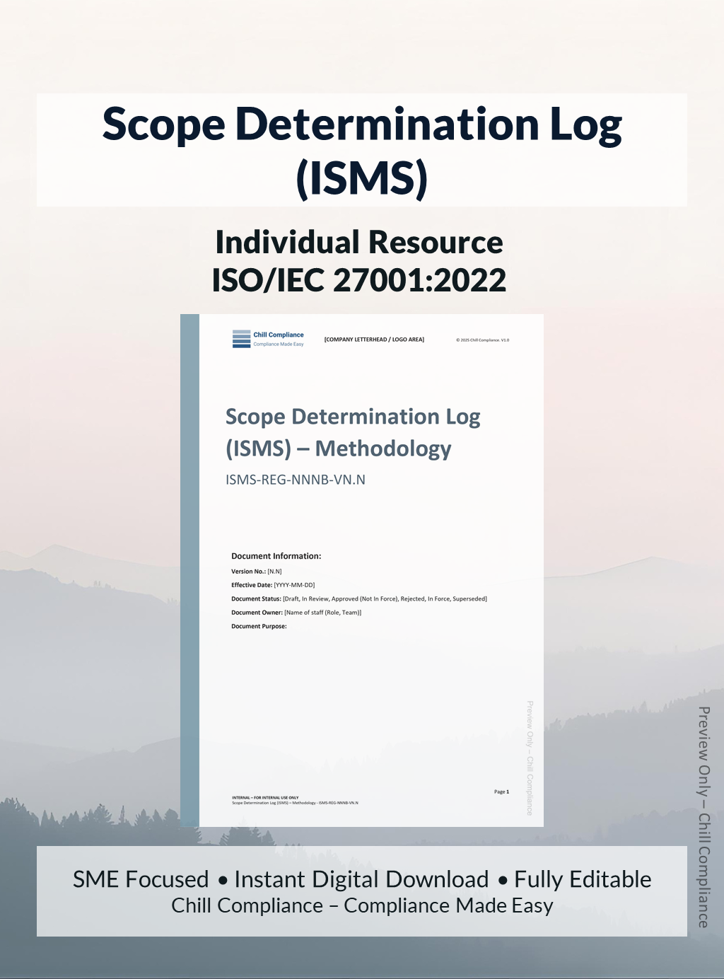 ISO 27001:2022 Scope Determination Log (ISMS) editable resource and template for SMEs and startups