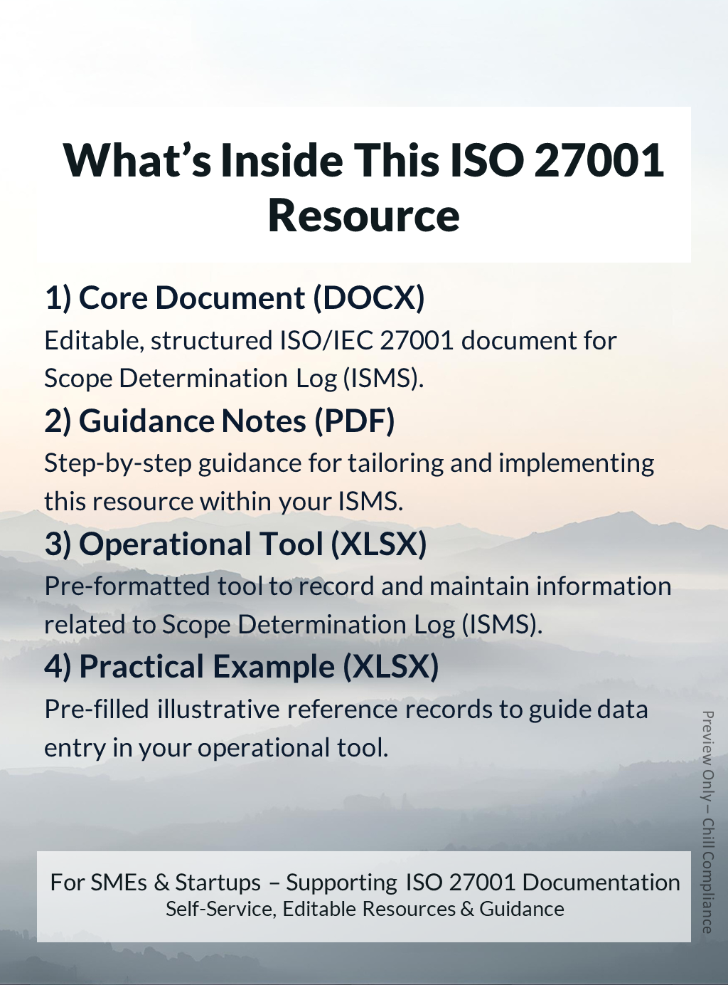 ISO 27001:2022 Scope Determination Log (ISMS) resource contents showing editable template, guidance notes, and operational tool