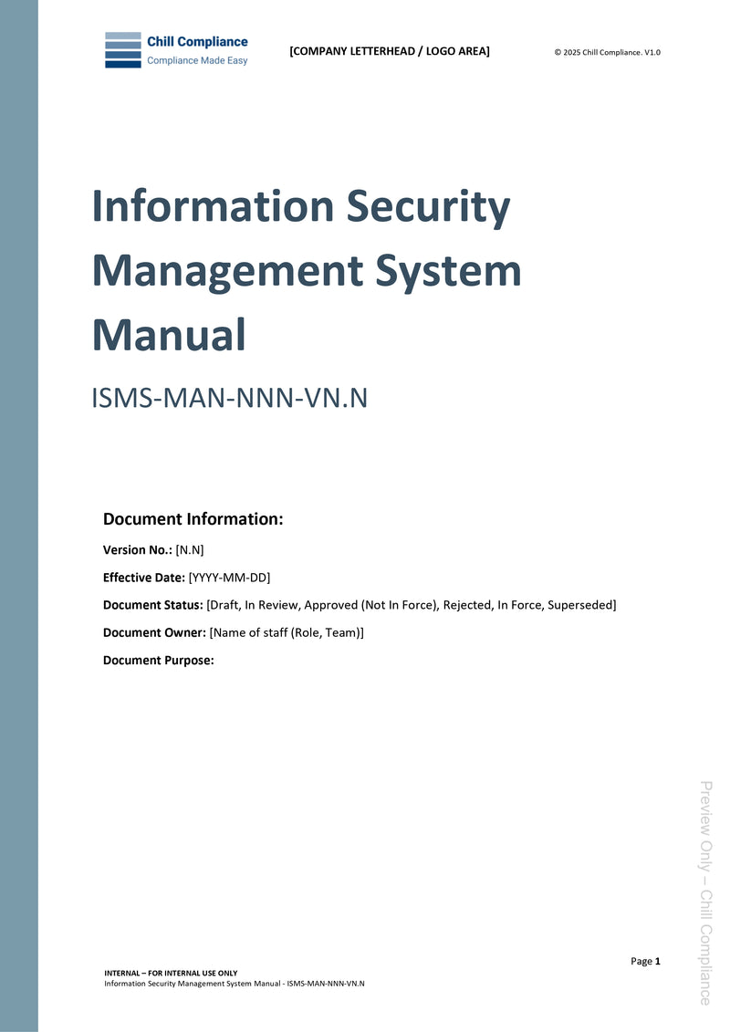 Cover page of ISO 27001 ISMS Manual template showing document title, version placeholders, and professional layout.