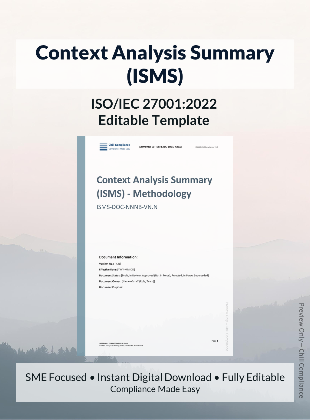 ISO 27001 Context Analysis Summary (ISMS) template for SMEs and startups, editable DOCX and XLSX, instant download, supports ISO/IEC 27001 audit