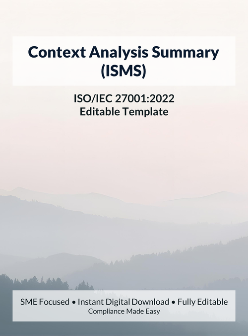ISO 27001 Context Analysis Summary (ISMS) template for SMEs and startups, editable DOCX and XLSX, instant download, supports ISO/IEC 27001 audit