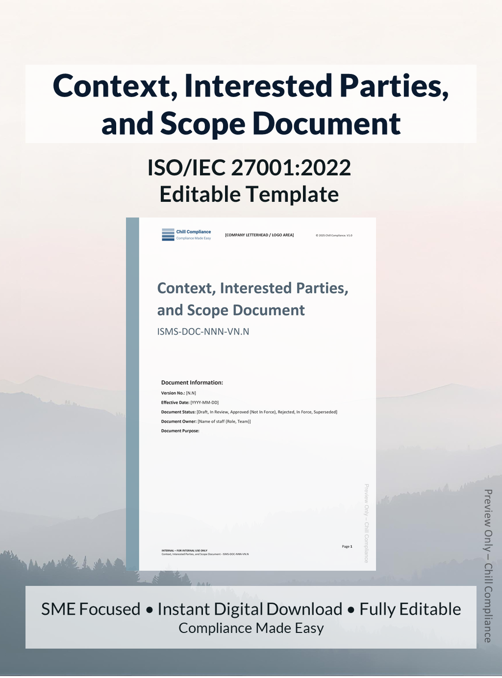 ISO 27001 Context, Interested Parties, and Scope Document template for SMEs and startups, editable DOCX, instant download, supports ISO/IEC 27001 audit