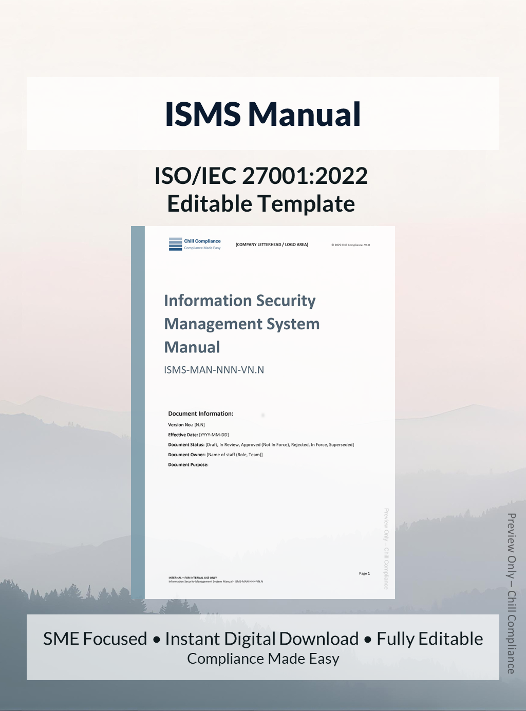 IISO 27001 ISMS Manual template for SMEs and startups, editable DOCX file, instant download, supports ISO/IEC 27001 audit