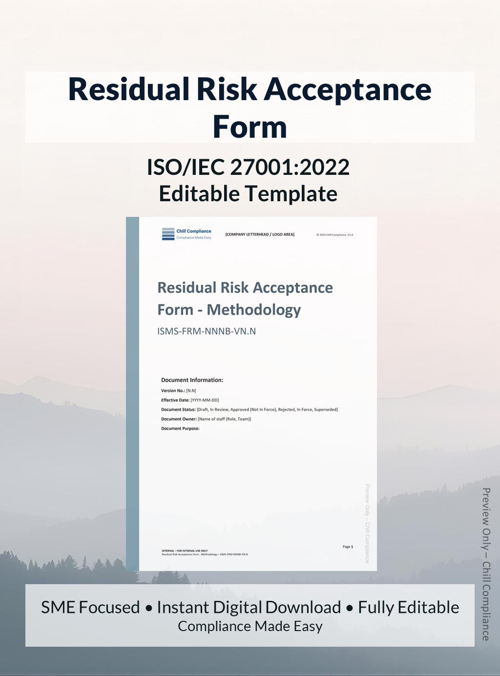 ISO 27001 Residual Risk Acceptance Form template for SMEs and startups, editable DOCXs, instant download, supports ISO/IEC 27001 audit