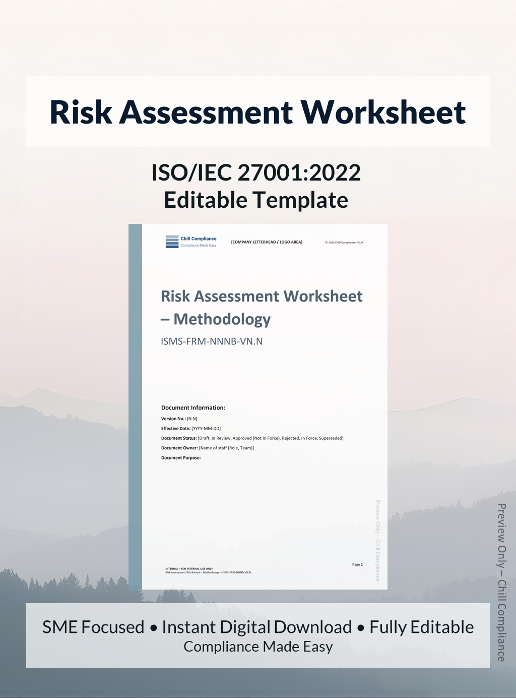 ISO 27001 Risk Assessment Worksheet template for SMEs and startups, editable DOCX and XLSX files, instant download, supports ISO/IEC 27001 audit