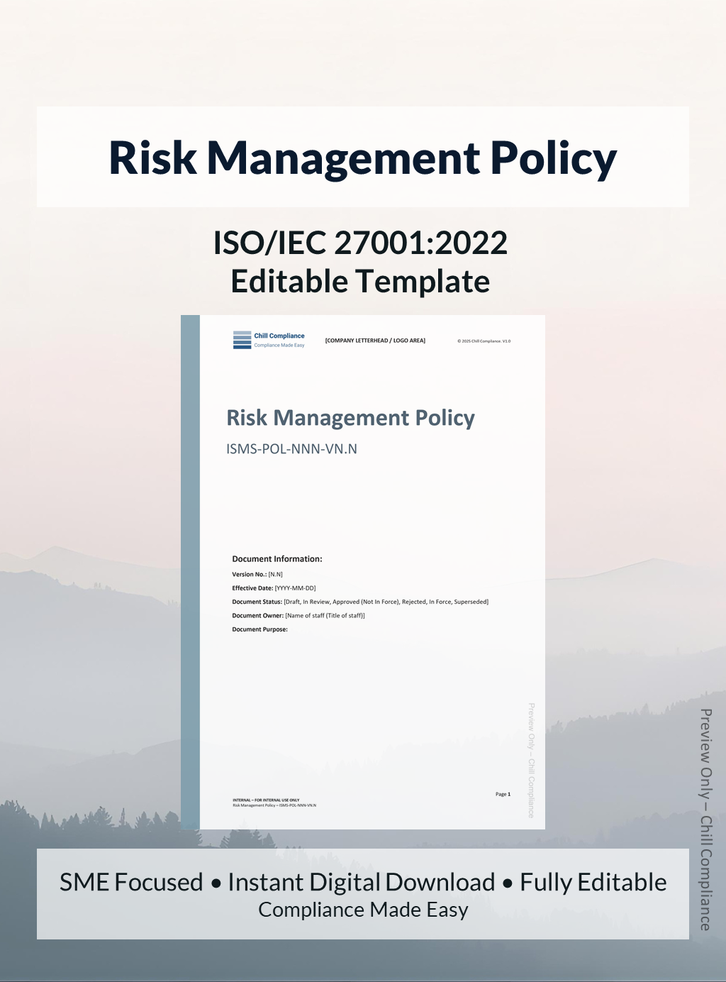 ISO 27001 Risk Management Policy template for SMEs and startups, editable DOCX, instant download, supports ISO/IEC 27001 audit