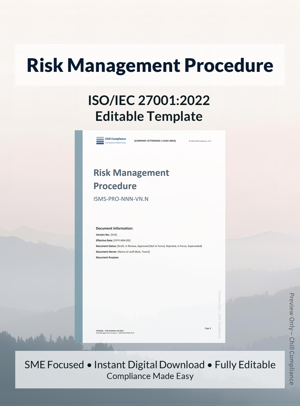 ISO 27001 Risk Management Procedure template for SMEs and startups, editable DOCX, instant download, supports ISO/IEC 27001 audit