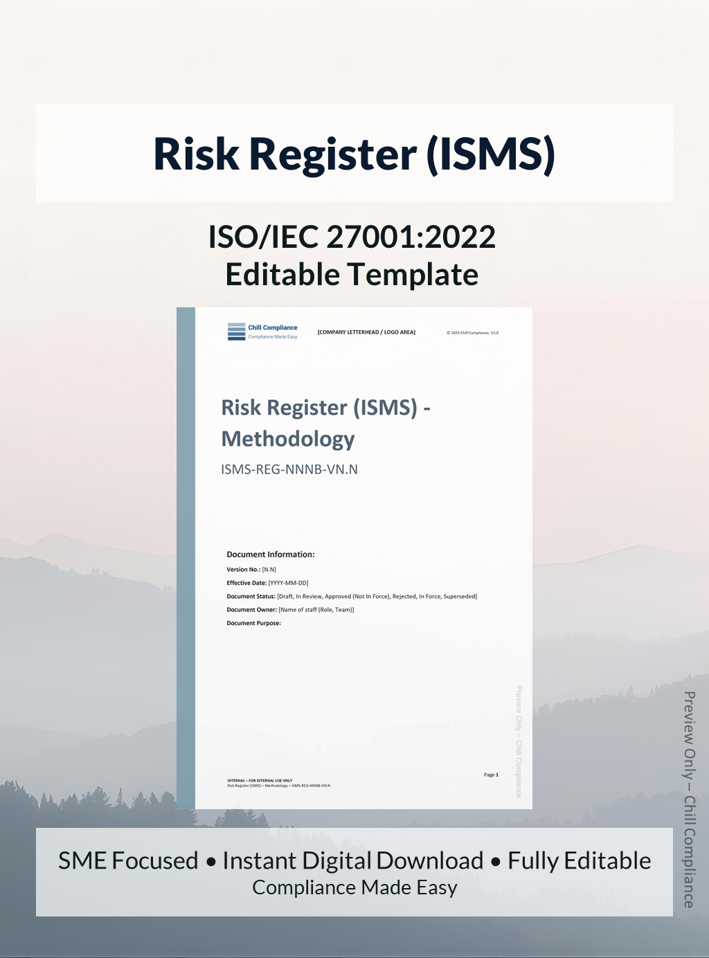 ISO 27001 Risk Register (ISMS) template for SMEs and startups, editable DOCX and XLSX files, instant download, supports ISO/IEC 27001 audit