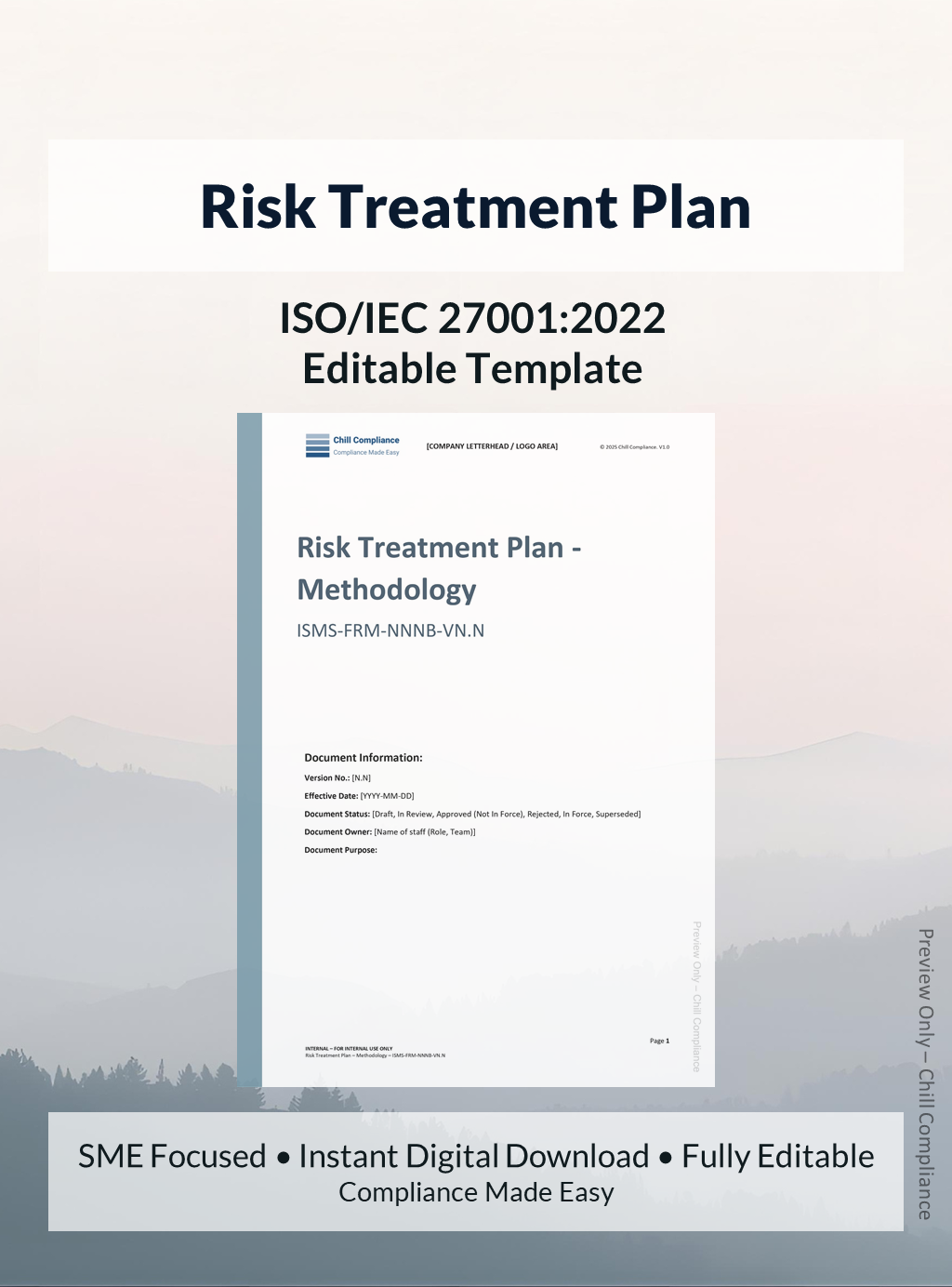 ISO 27001 Risk Treatment Plan template for SMEs and startups, editable DOCX and XLSX files, instant download, supports ISO/IEC 27001 audit