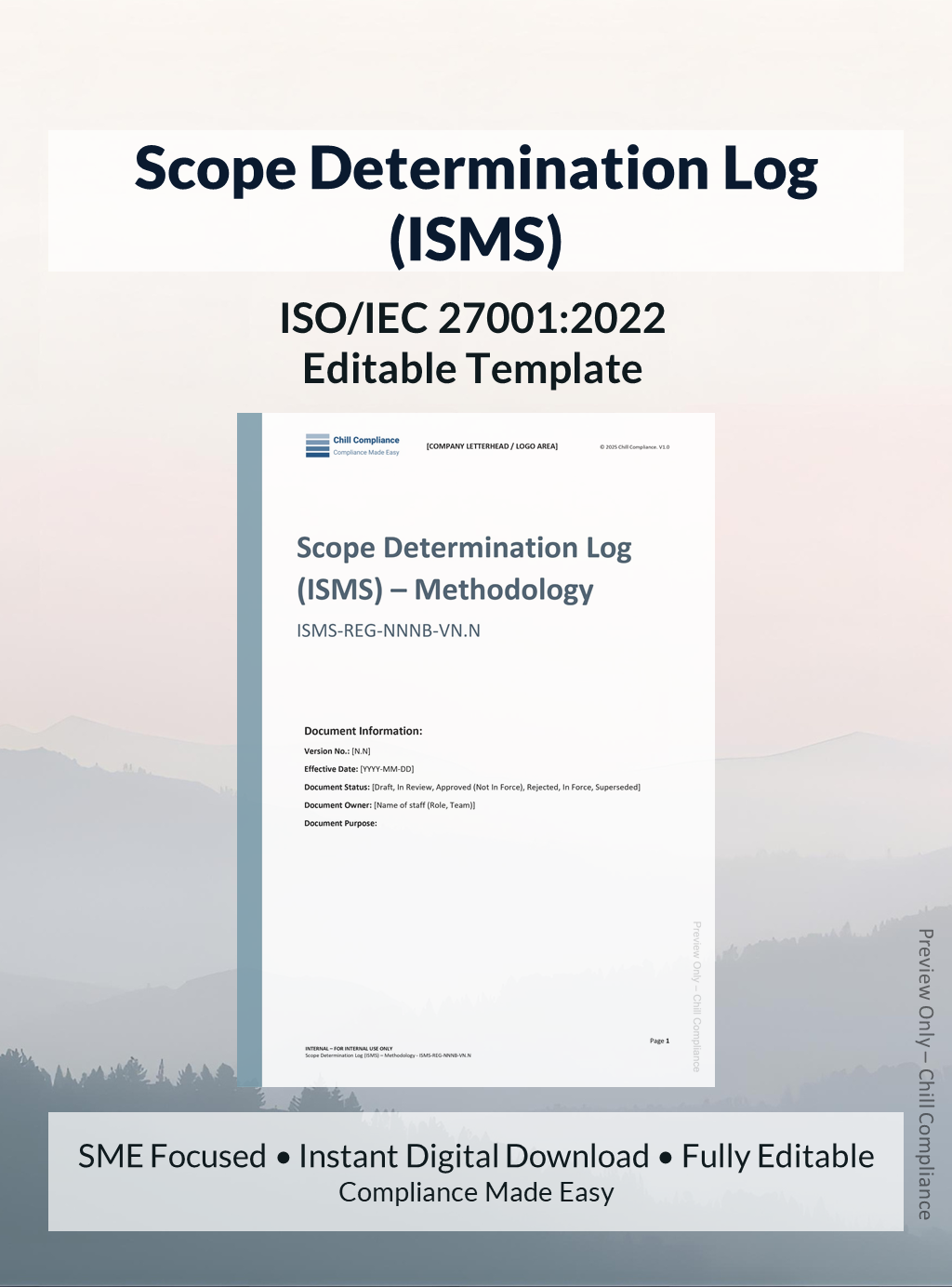 ISO 27001 Scope Determination Log (ISMS) template for SMEs and startups, editable DOCX and XLSX, instant download, supports ISO/IEC 27001 audit