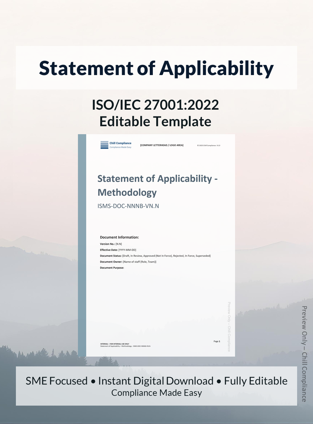 ISO 27001 Statement of Applicability template for SMEs and startups, editable DOCX and XLSX files, instant download, supports ISO/IEC 27001 audit